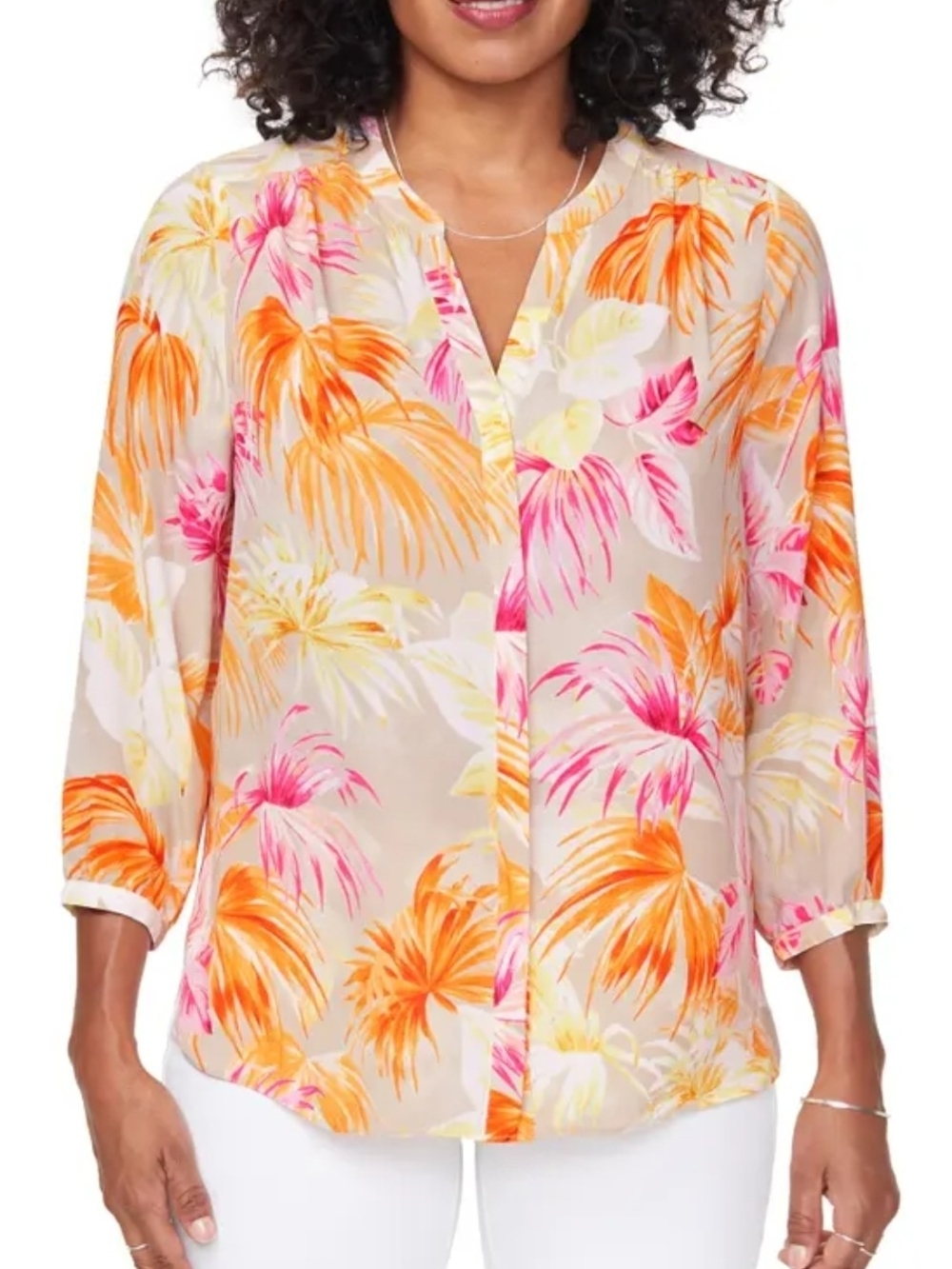 NYDJ Beige Blouse with Pink & Orange Floral Print Chiffon,V Neck,chic Size XS